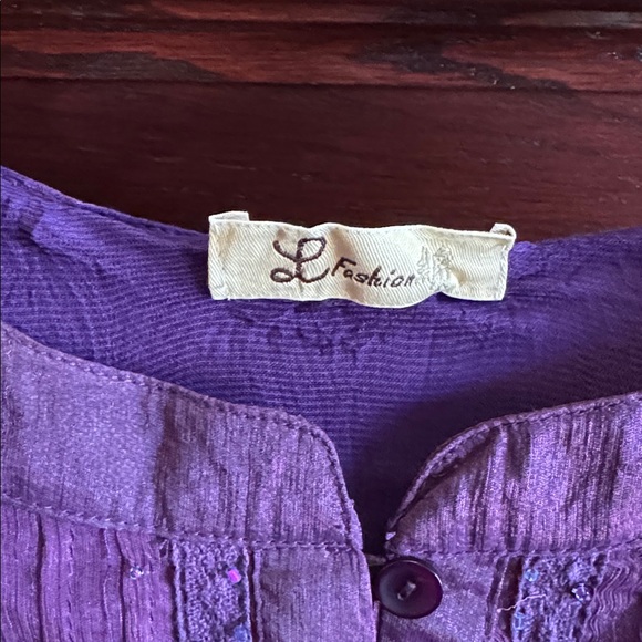 Purple Sheer Crinkle Button-Front Women's Fairy-core Boho Shimmer Sheer Blouse - Picture 5 of 5